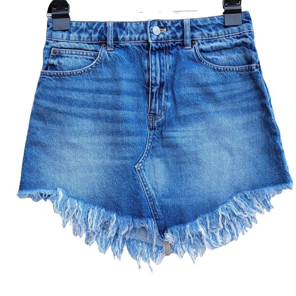 Free People Frayed Fringe Cotton Denim Blue Skirt Sz 27